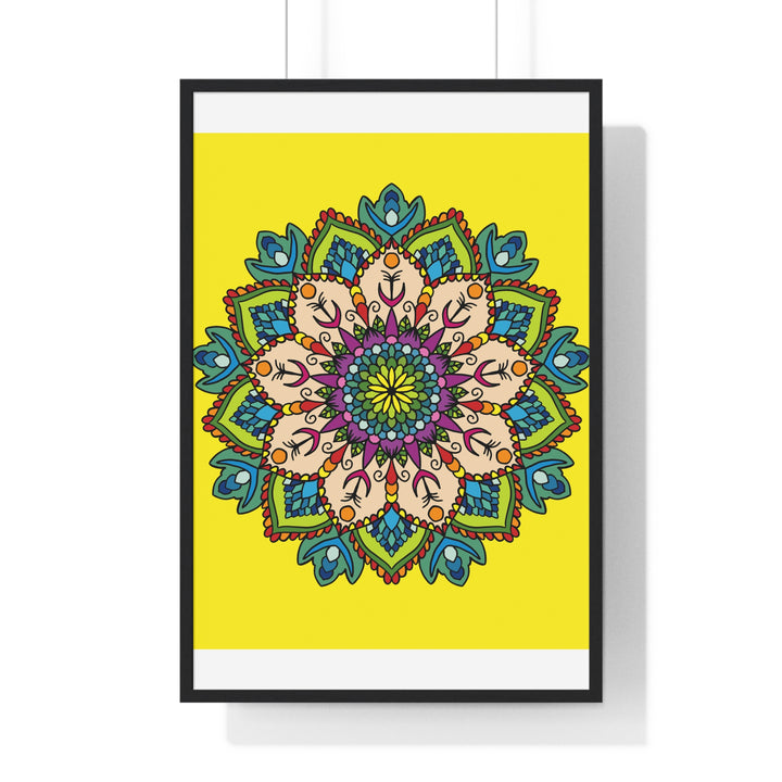 Vertical framed poster featuring a hand-drawn yellow mandala, perfect for mindfulness and yoga enthusiasts