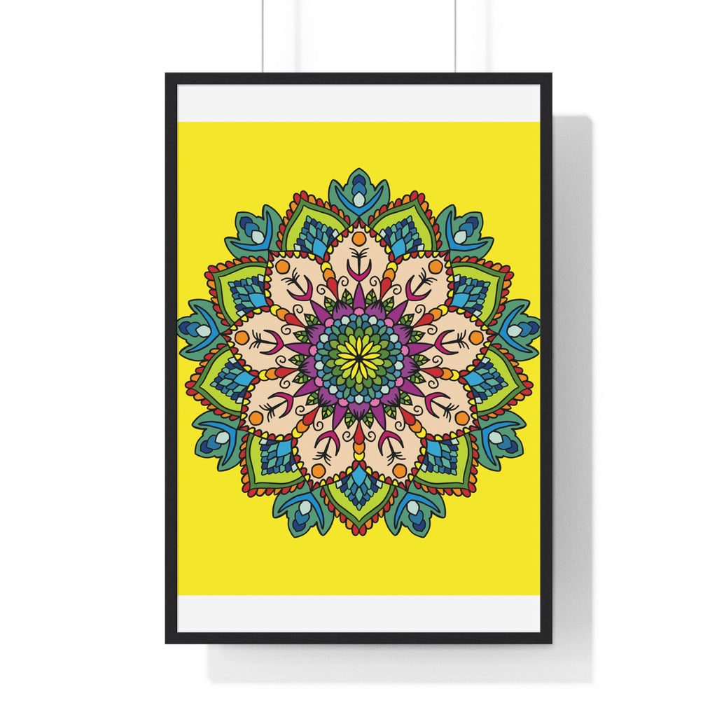 Vertical framed poster featuring a hand-drawn yellow mandala, perfect for mindfulness and yoga enthusiasts