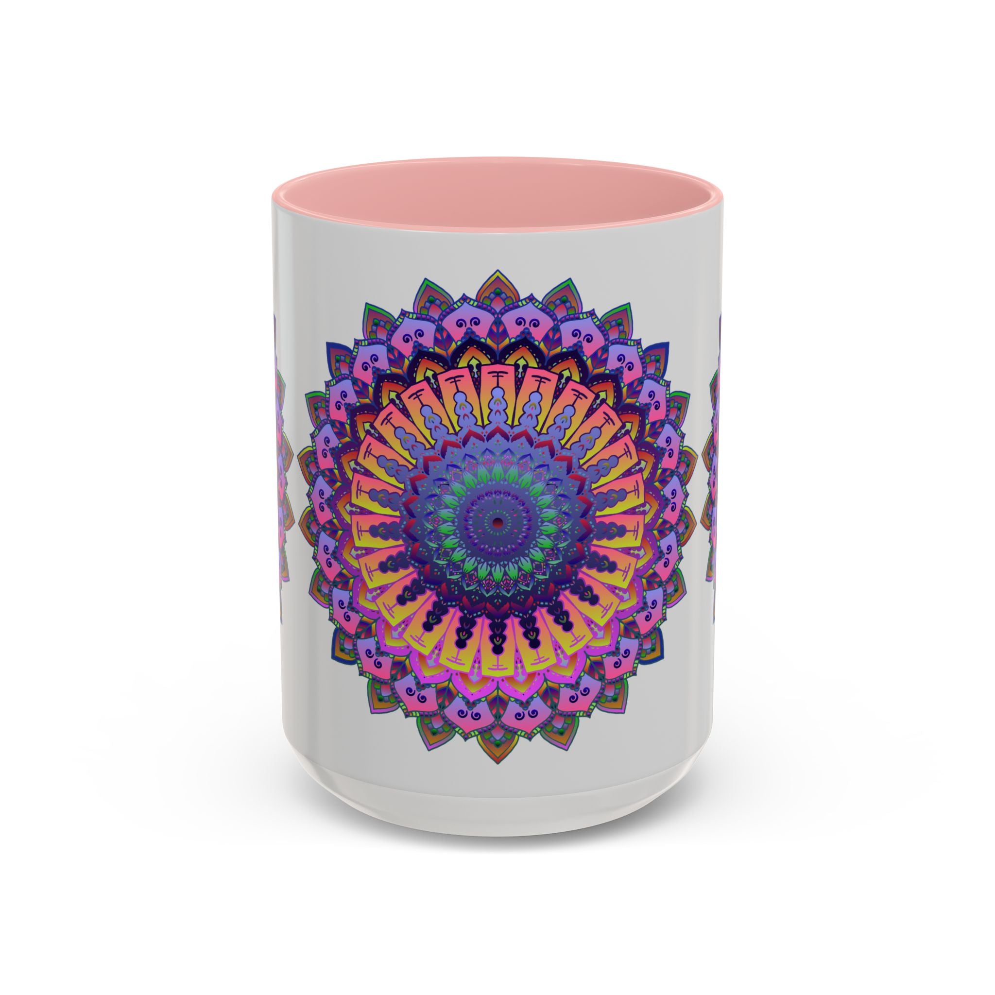 A close-up photo of a grey mug with a vibrant mandala design