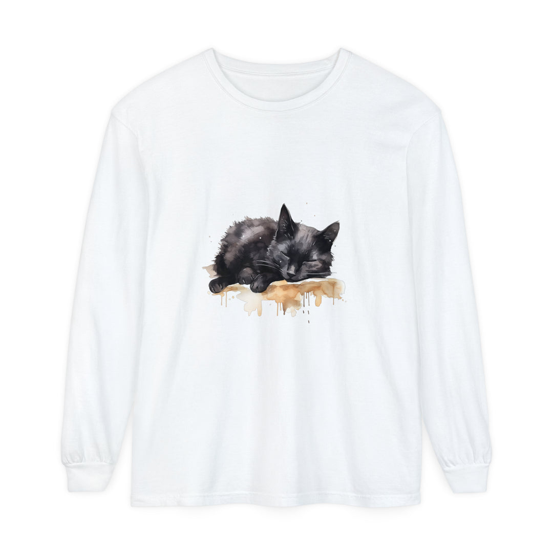 A beautiful watercolor illustration of a sleeping black cat featured on a comfortable and stylish t-shirt