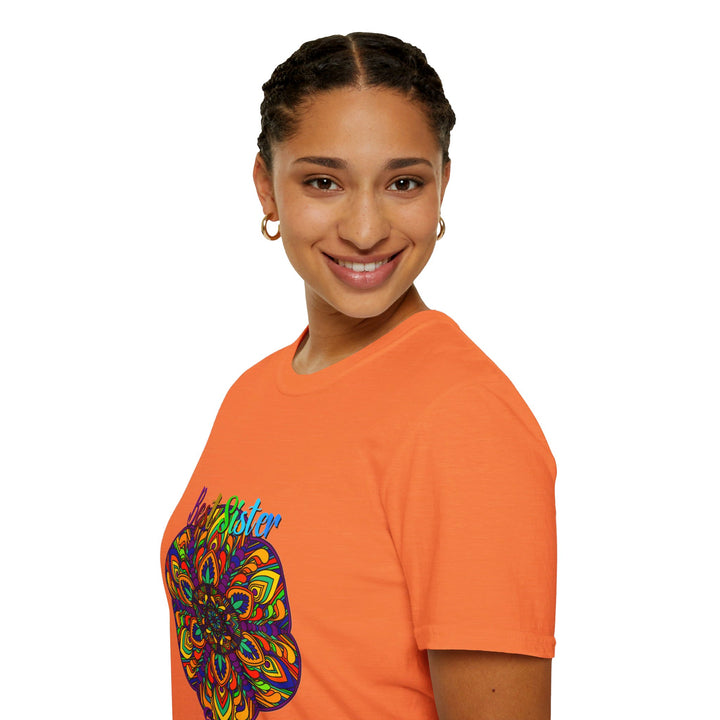 Charming mandala art gift for sister displayed on a softstyle t-shirt