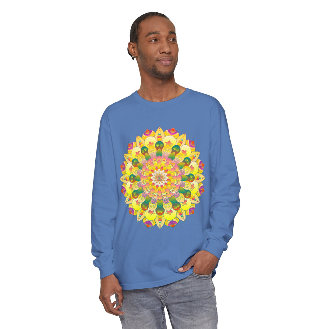 Colorful mandala design featuring vibrant hues on a unisex long sleeve t-shirt