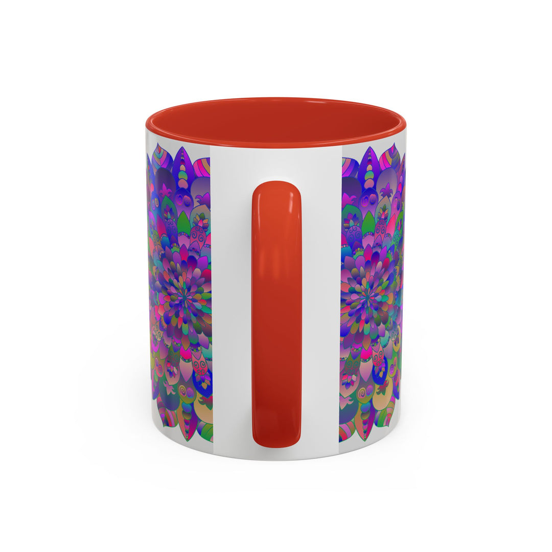 Colorful ceramic mug featuring a vibrant psychedelic mandala design, perfect for spiritual art enthusiasts