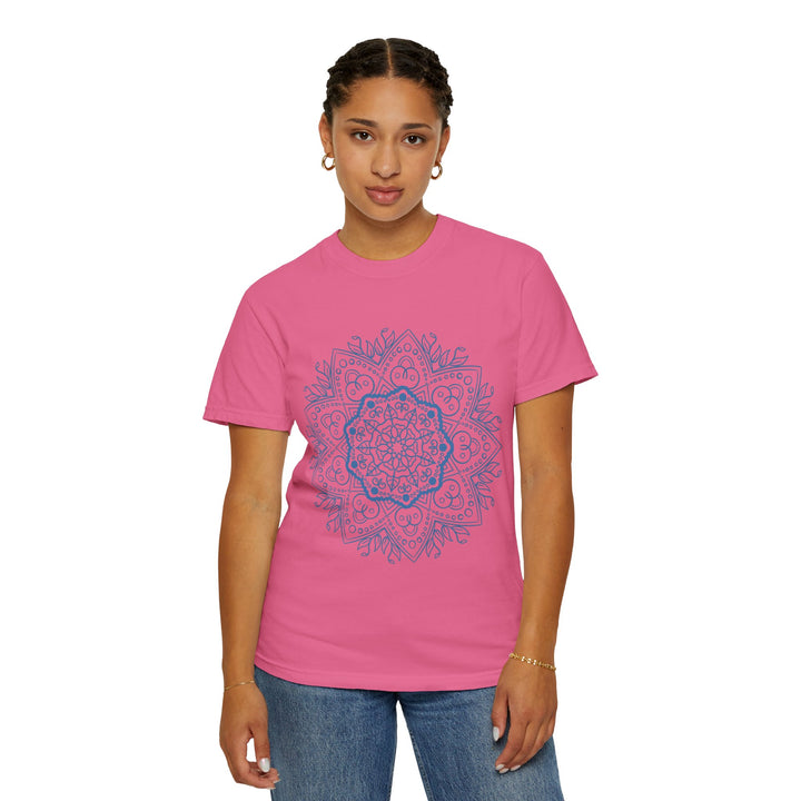 Handmade Mandala Art Tshirt - Unisex Garment-Dyed Tee, vibrant, intricate design, perfect for casual wear or yoga practice