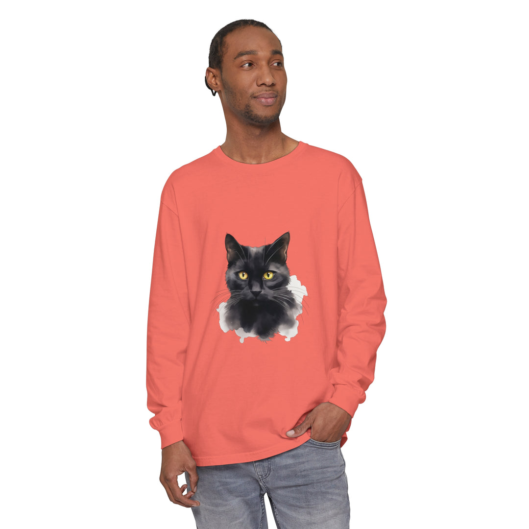  Long Sleeve Shirt with Intricate Black Cat Print 