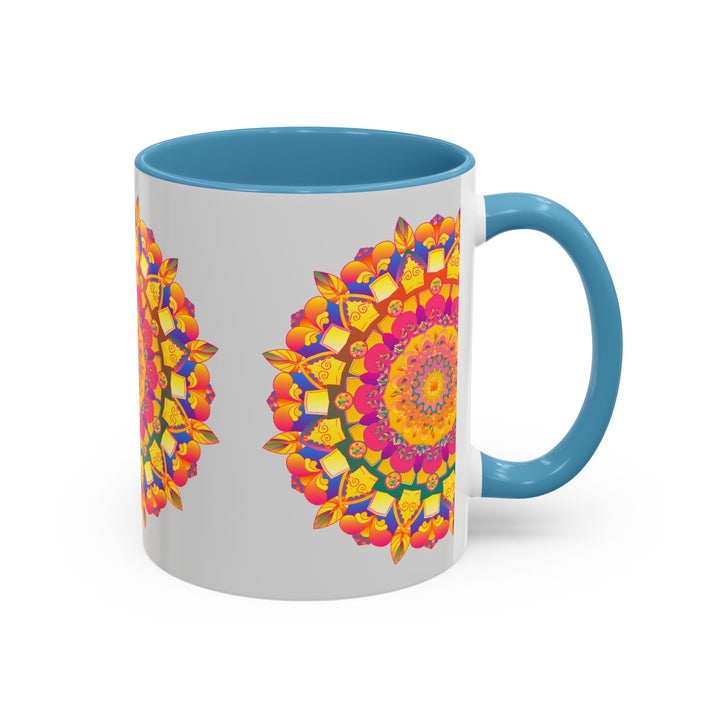 Beautiful mandala art mug with vibrant colors on a grey background