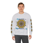 Unisex heavy blend crewneck sweatshirt in grey color with 'First of Many, Paper Anniversary' design, perfect first year wedding anniversary gift