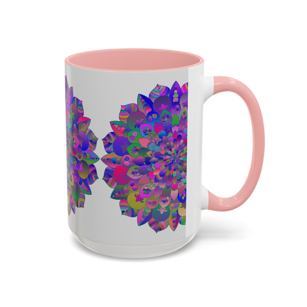 Colorful and intricate psychedelic mandala design on ceramic mug, perfect for spiritual art enthusiasts