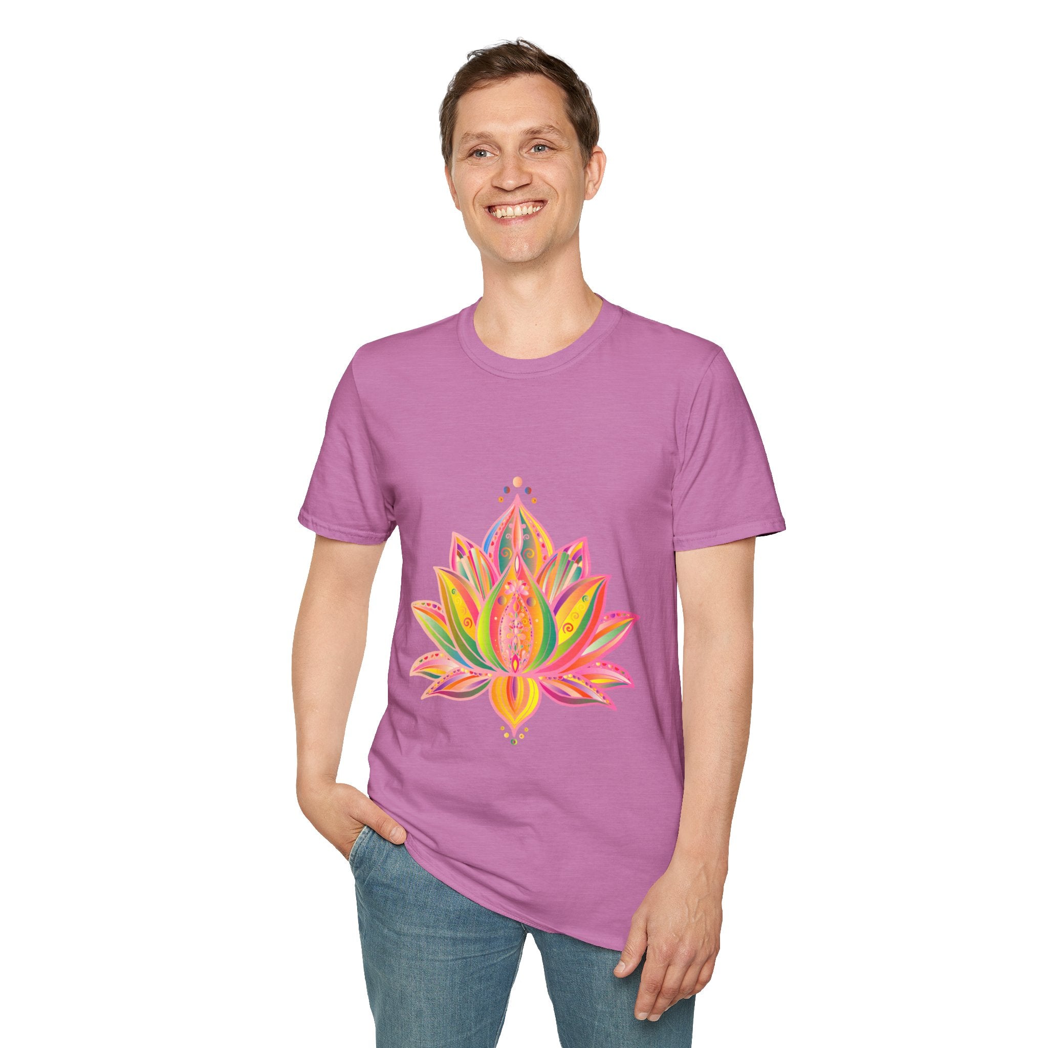 Lotus Mandala Unisex T-Shirt with Hand-Drawn Unique Design by Blululi, perfect for casual wear and meditation practice