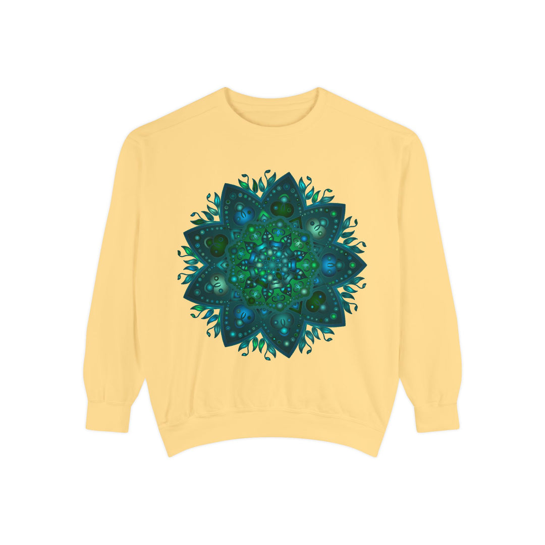 Teal and blue mandala sweatshirt with intricate design and detailed patterns