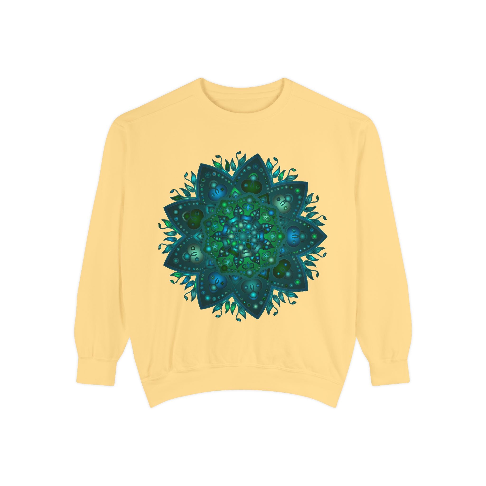 Teal and blue mandala sweatshirt with intricate design and detailed patterns