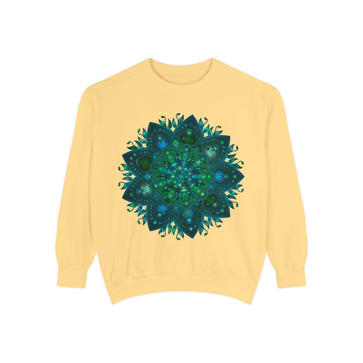 Teal and blue mandala sweatshirt with intricate design and detailed patterns