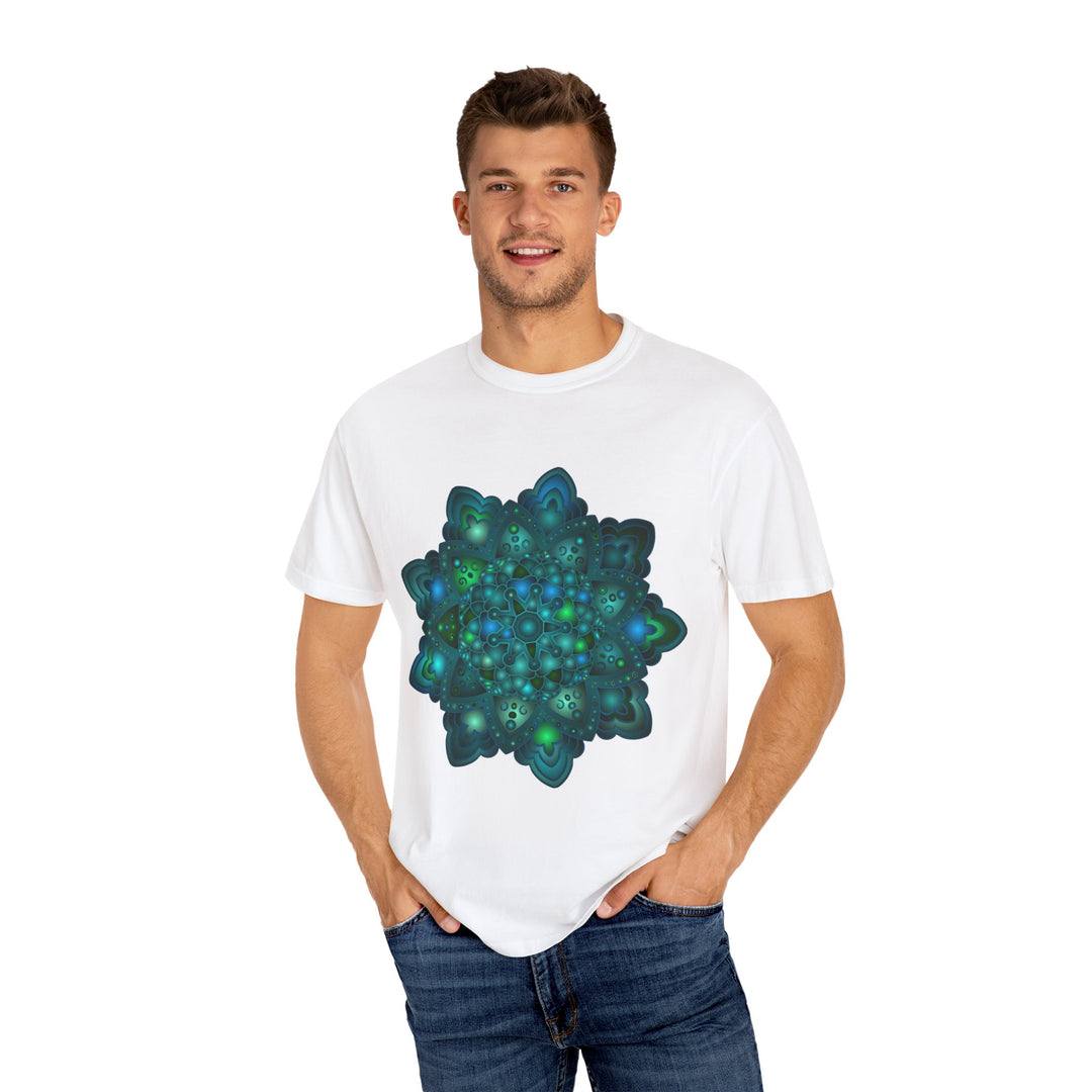 Intricate blue and green mandala design on a comfortable unisex t-shirt