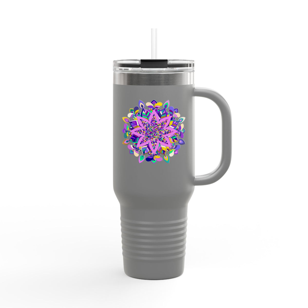 40oz Insulated Travel Mug — Purple Floral Mandala Design