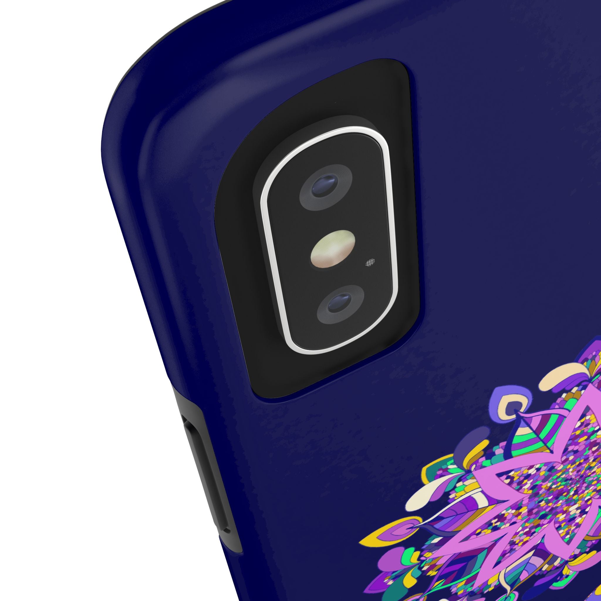 Hand drawn purple shades mandala art phone case, durable and shock absorbent, showcasing intricate design and vibrant colors for stylish protection