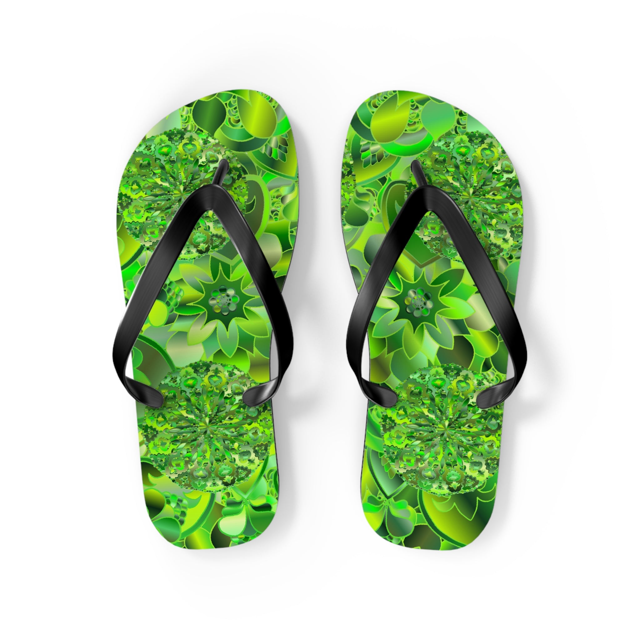 Green Kaleidoscope Flip Flops – Tropical Floral Beach Sandals