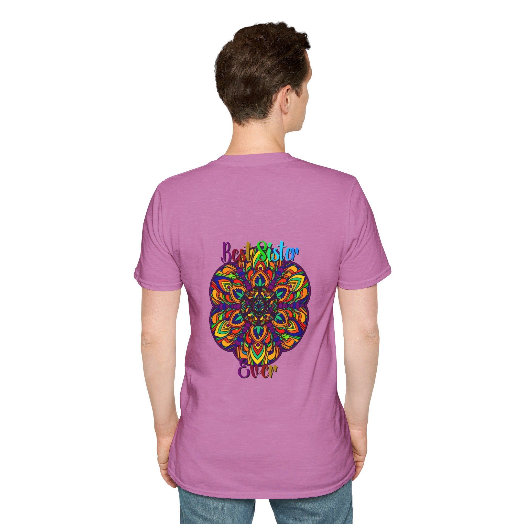 Softstyle unisex t-shirt with hand-drawn mandala art, perfect gift for sister