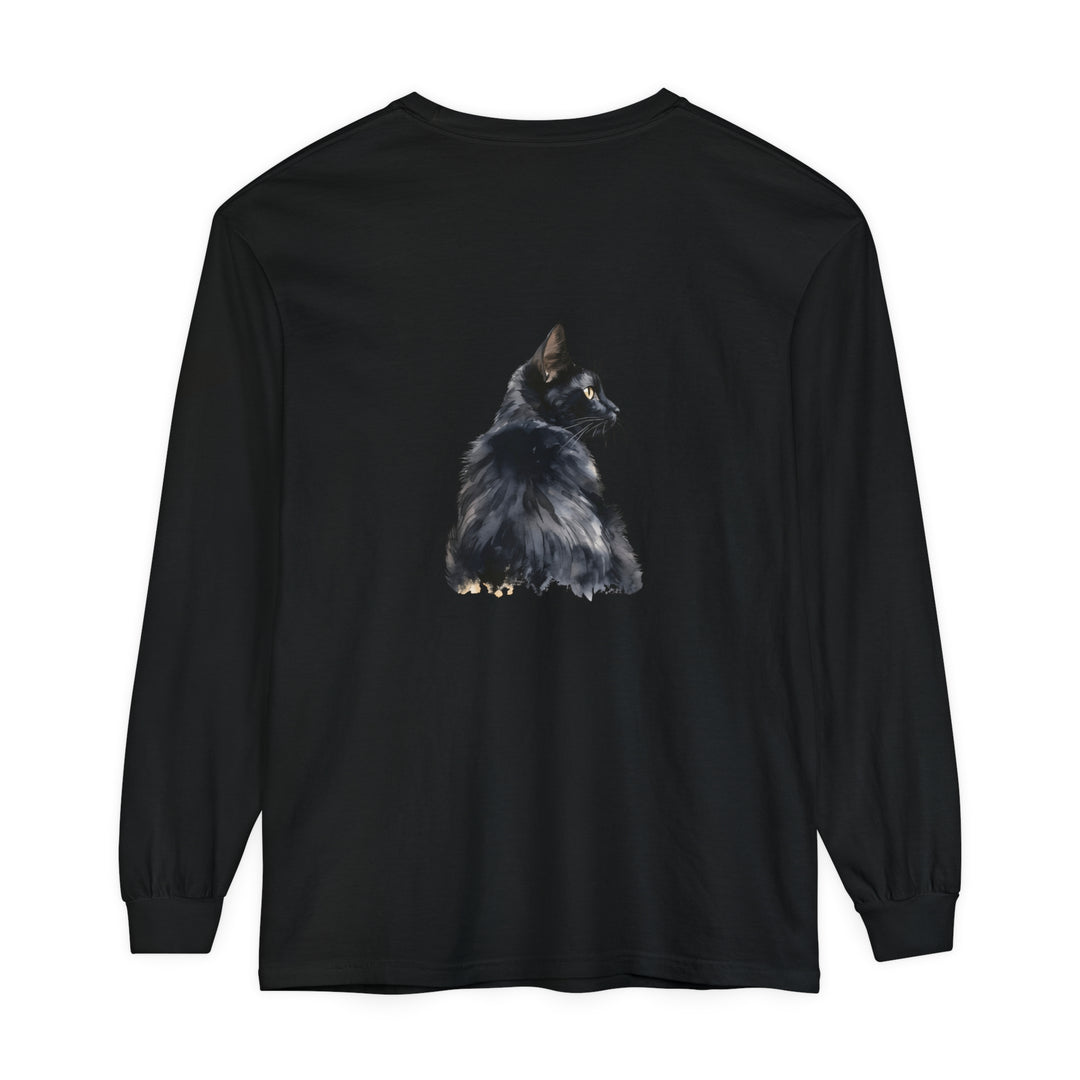 Black Cat Watercolor Long Sleeve T-Shirt with a vibrant and lifelike watercolor print of a black cat on a comfortable long sleeve top