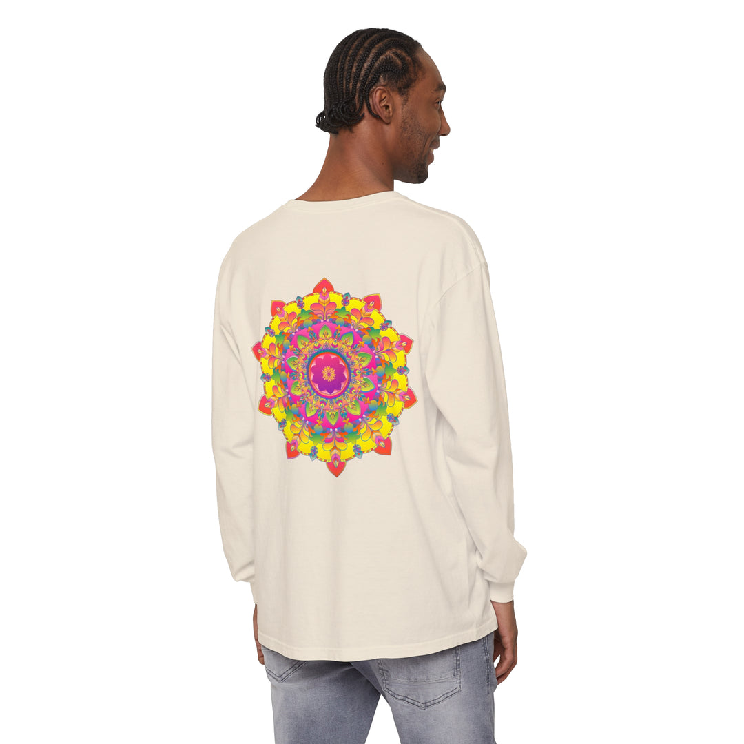 Colorful and intricate mandala design printed on a comfortable long sleeve t-shirt