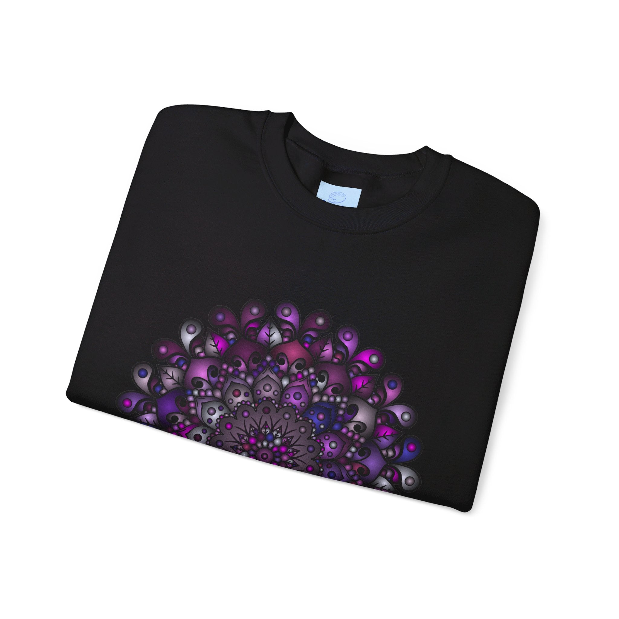 Comfortable unisex crewneck sweatshirt featuring a striking purple mandala design