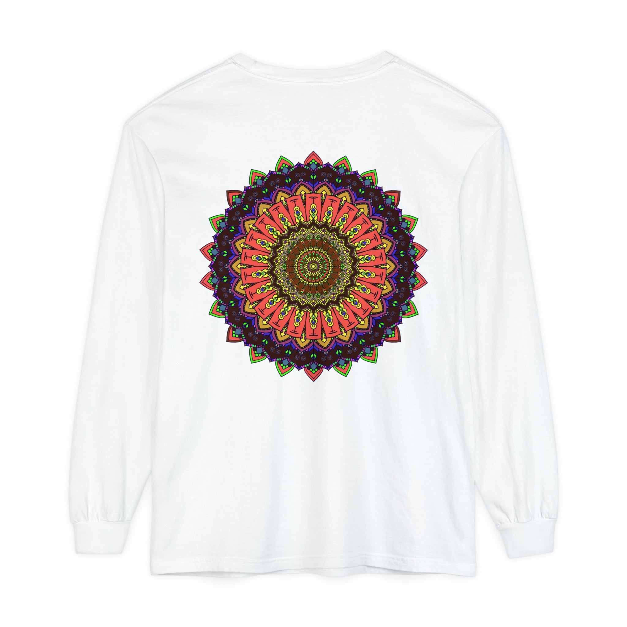 Intricate Mandala Long Sleeve T-Shirt - Colorful Design featuring detailed and vibrant mandala pattern on a comfortable long sleeve shirt