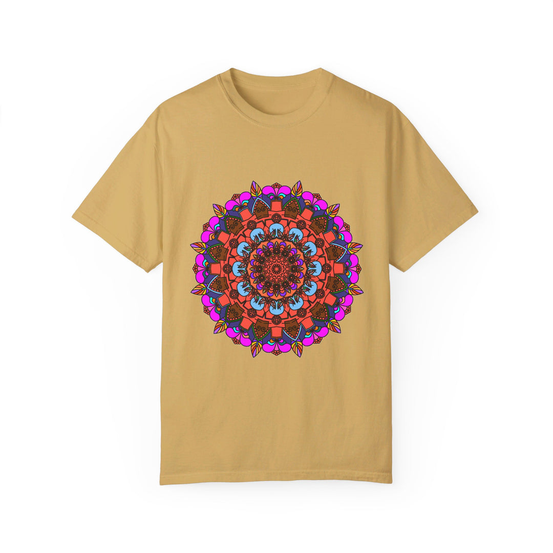 Hand-drawn mandala art t-shirt made from 100% ring-spun cotton, garment-dyed for extra comfort, suitable for both men and women