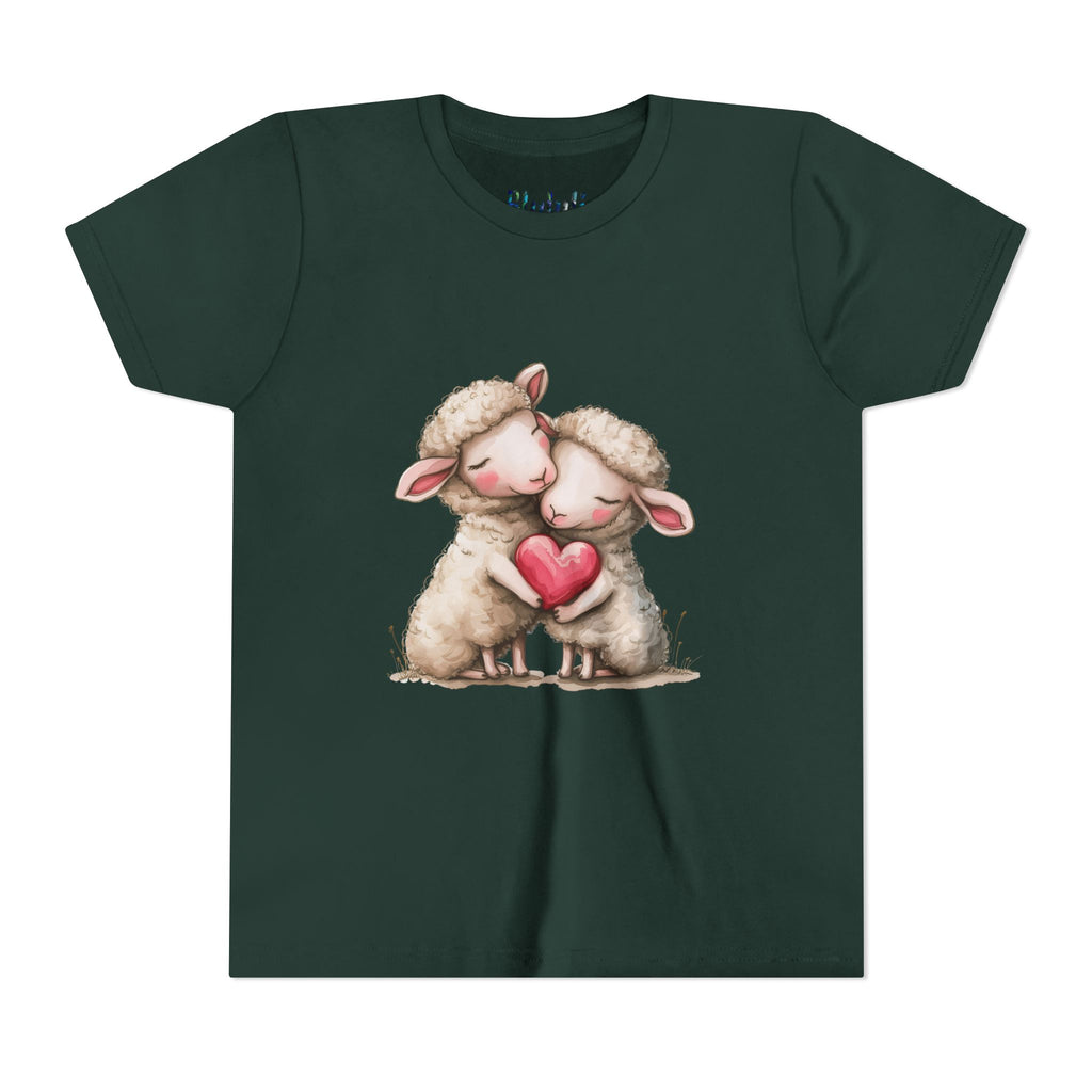 Youth Tee - Cartoon Sheeps Hugging Heart, Cute and Lovely Design