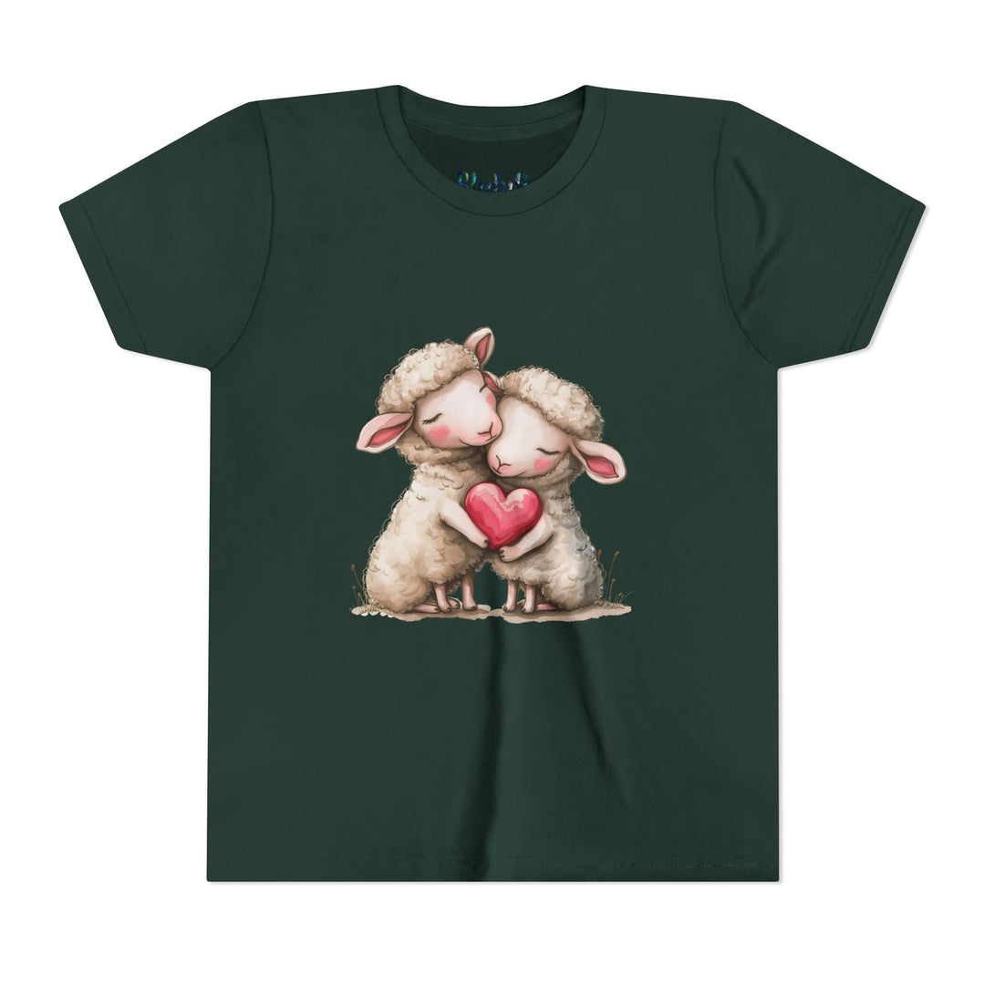 Jugend-T-Shirt – Cartoon-Schafe, die ein Herz umarmen, süßes und schönes Design 