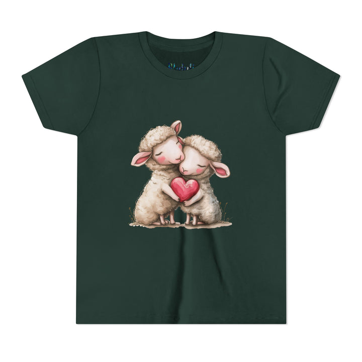 Jugend-T-Shirt – Cartoon-Schafe, die ein Herz umarmen, süßes und schönes Design 