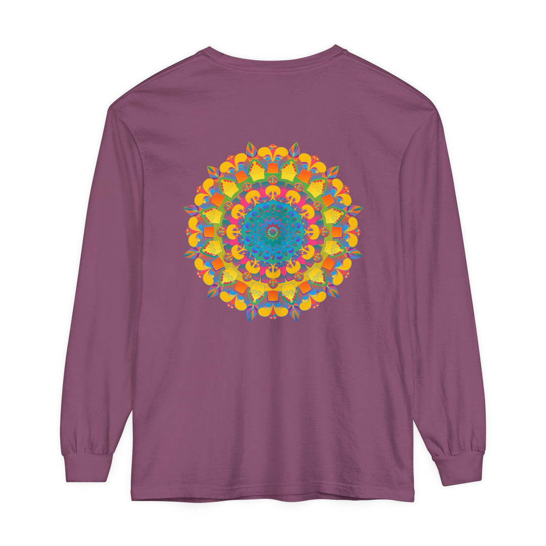 Colorful and intricate mandala design on a unisex long sleeve t-shirt