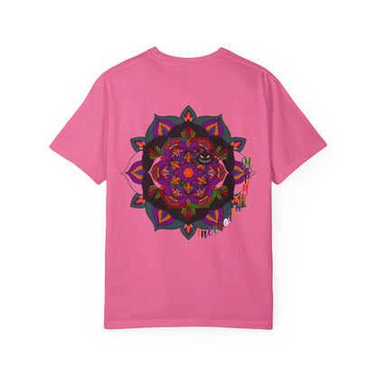 Unisex Halloween Mandala T-shirt featuring handmade pumpkin mandala art on garment-dyed tee