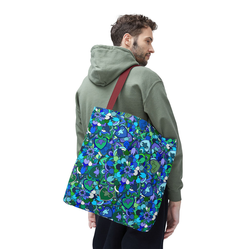 Borsa tote con stampa mandala floreale blu-verde — Shopper con stampa integrale vivace