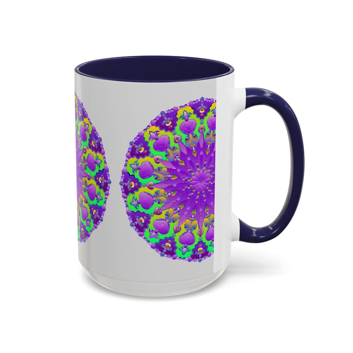 A vibrant purple mandala design adorns this beautifully crafted ceramic mug, set against a neutral grey backdrop