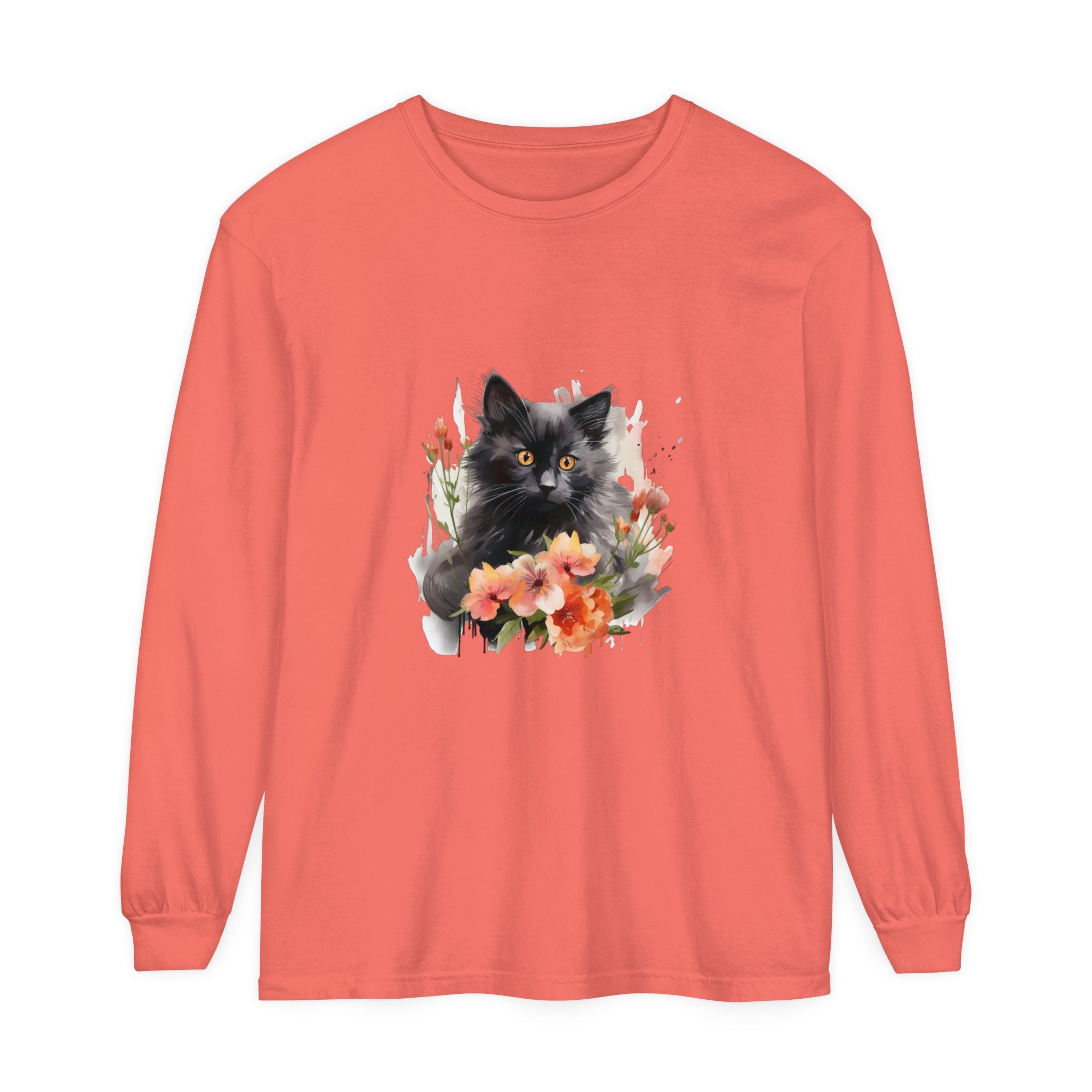 A watercolor illustration of a playful black cat surrounded by vibrant flowers on a t-shirt