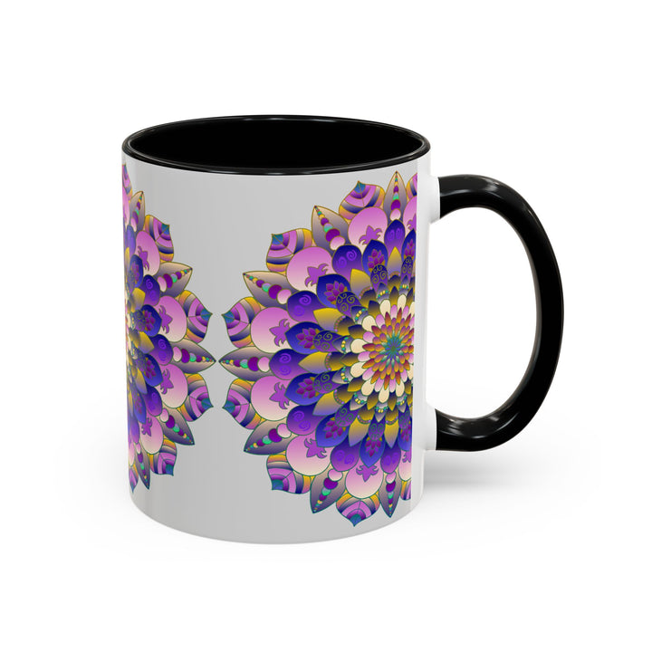 Beautiful mandala art mug with vibrant colors on a grey background