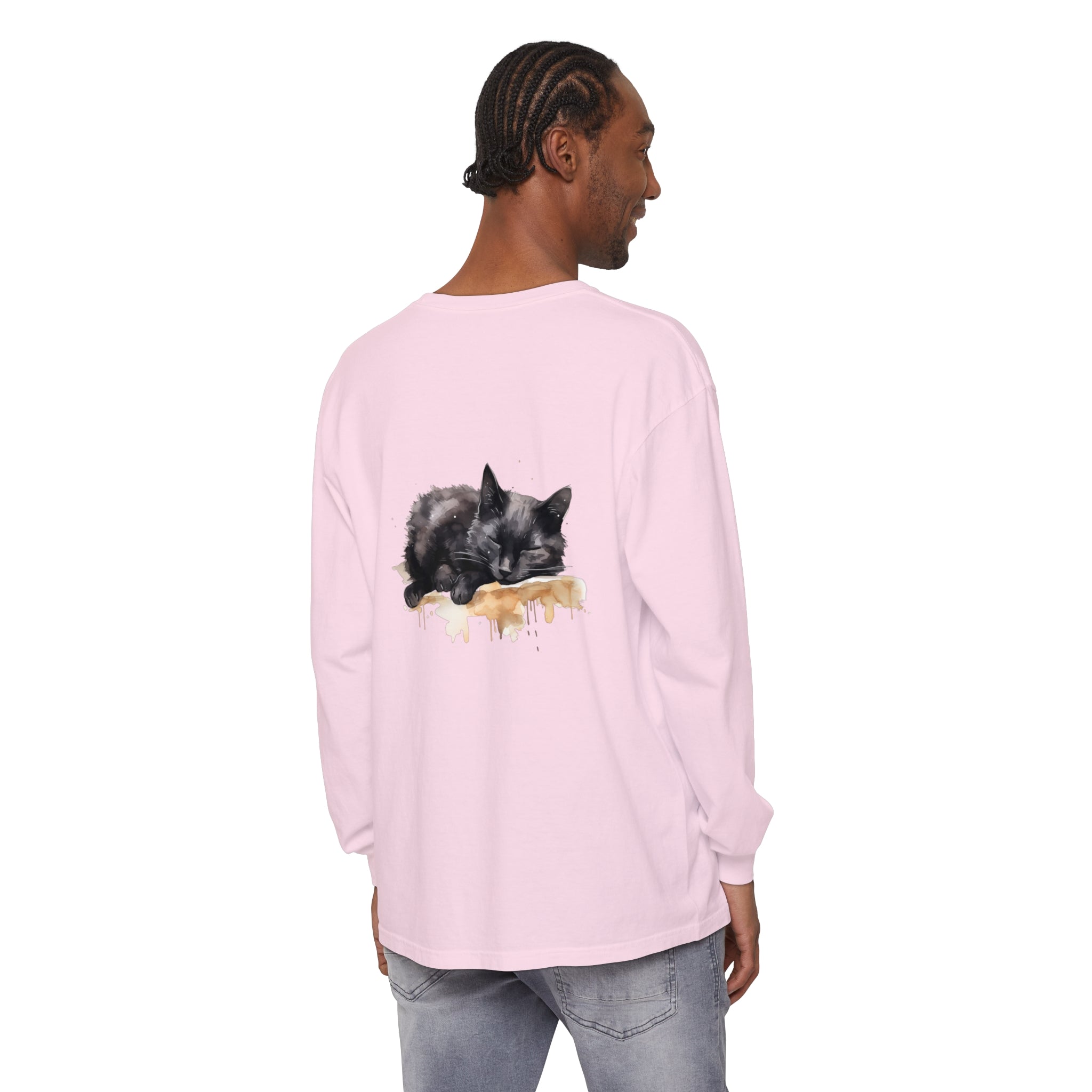 A comfortable and stylish black t-shirt featuring a watercolor illustration of a sleeping cat