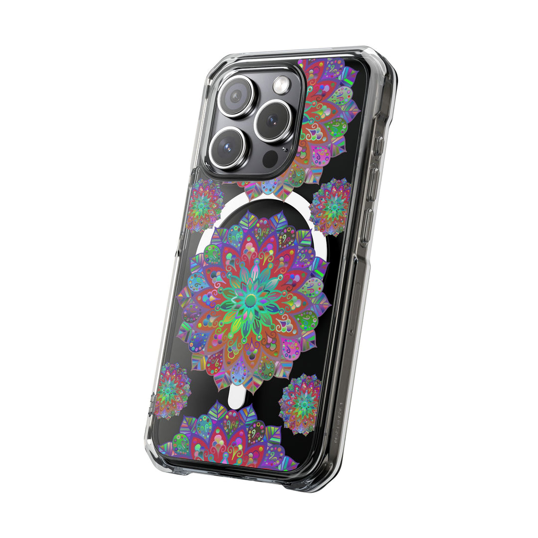 A close-up image of an elegant Mandala MagSafe®-Compatible iPhone 14/15 impact case in a beautiful floral design, offering stylish protection for your phone