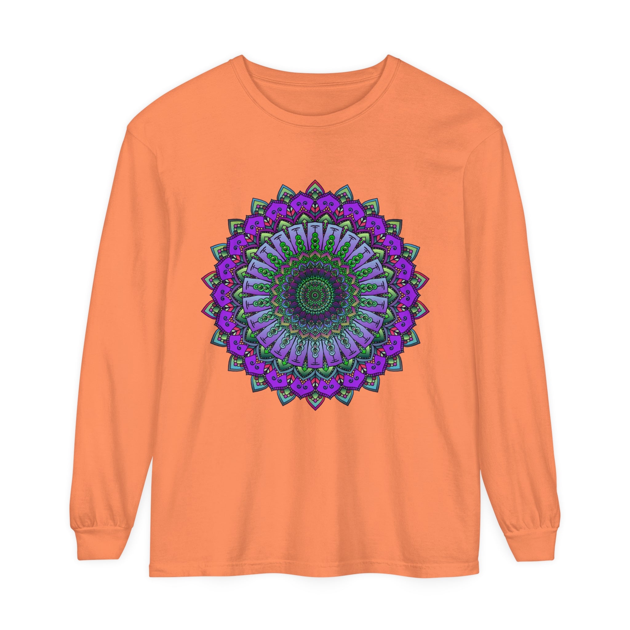 A detailed and vibrant mandala design on a unisex long sleeve t-shirt