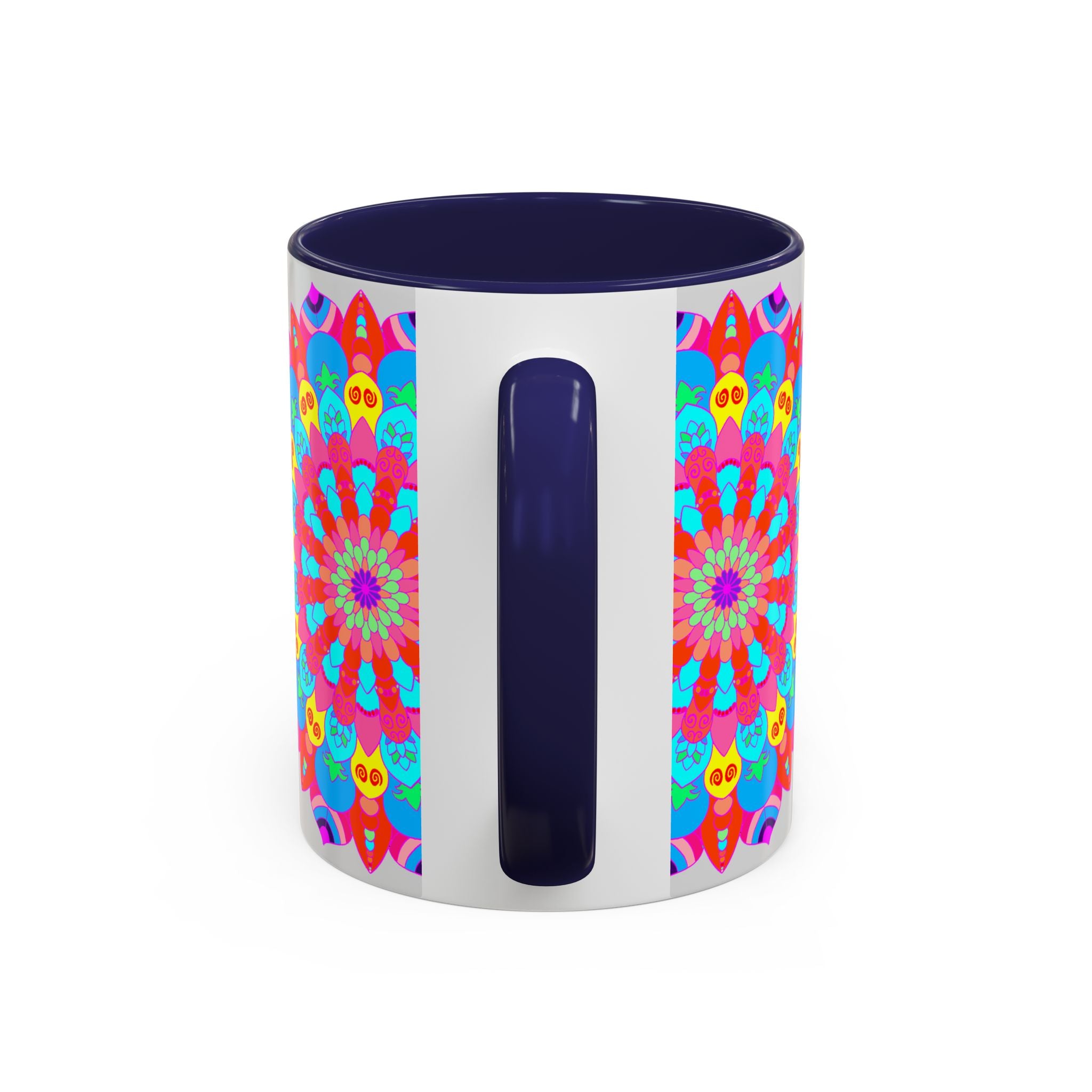 A close-up image of a vibrant mandala mug decorated with peaceful and tranquil colors, perfect for bringing a sense of calm to your morning routine