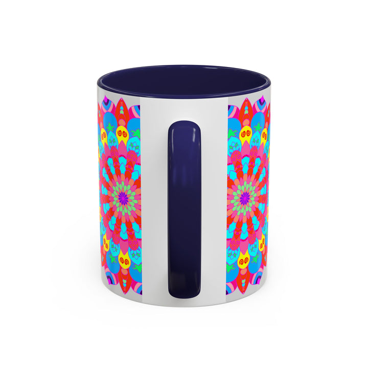 A close-up image of a vibrant mandala mug decorated with peaceful and tranquil colors, perfect for bringing a sense of calm to your morning routine