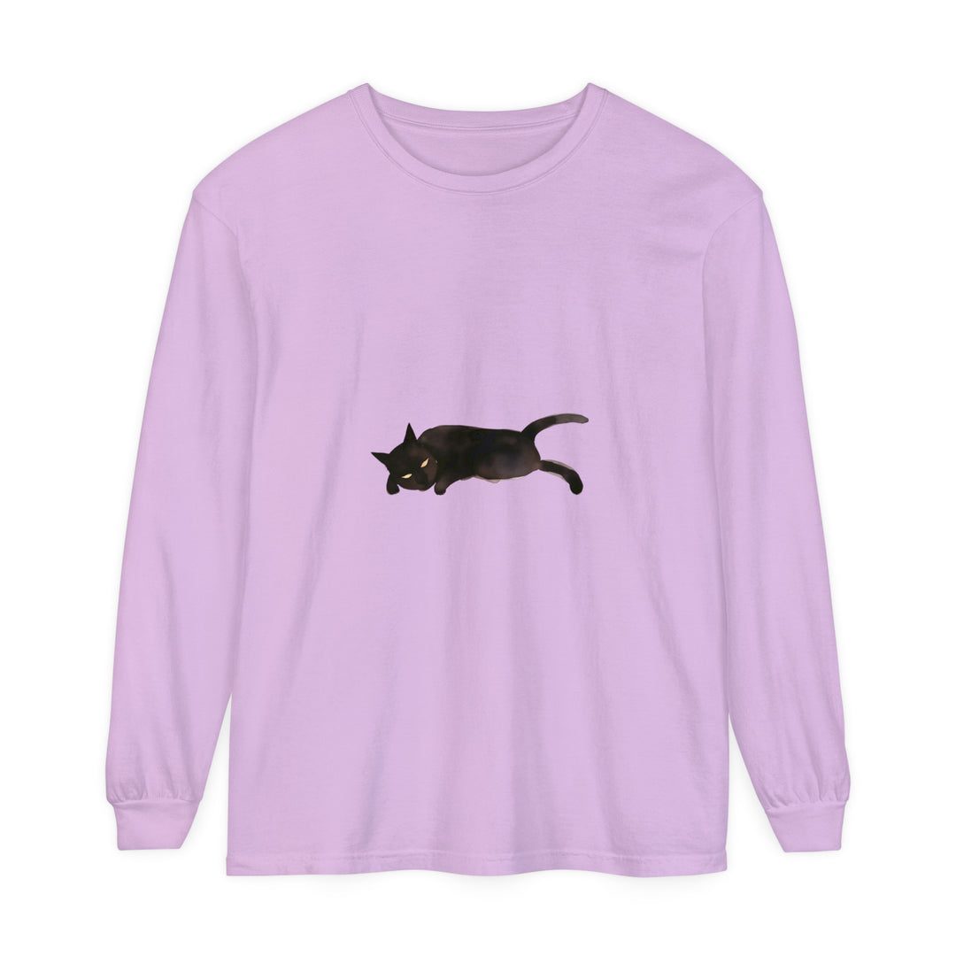 A black cat with closed eyes sleeping peacefully on a unisex long sleeve t-shirt