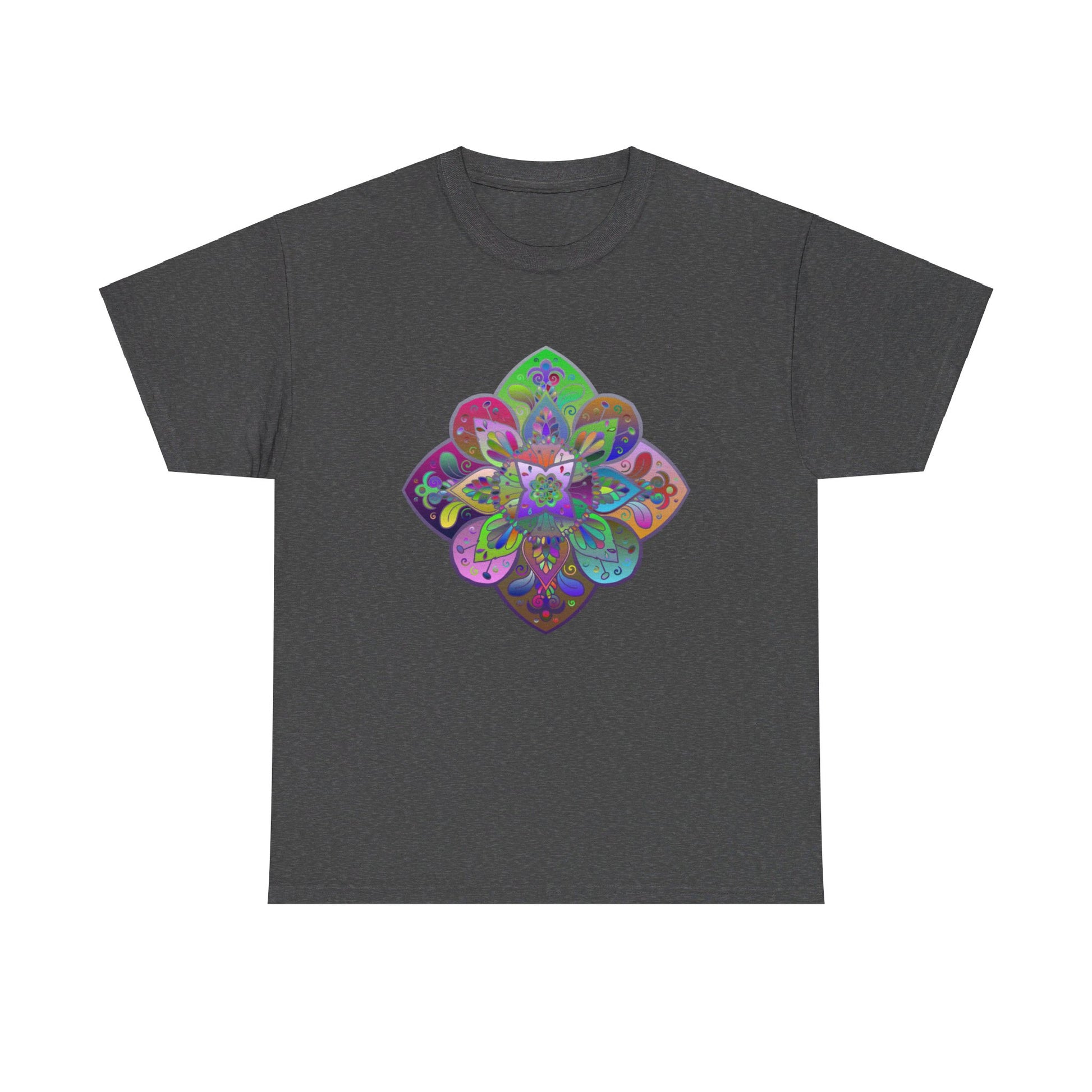 Colorful mandala design on a black unisex heavy cotton t-shirt for yoga and mindfulness practice