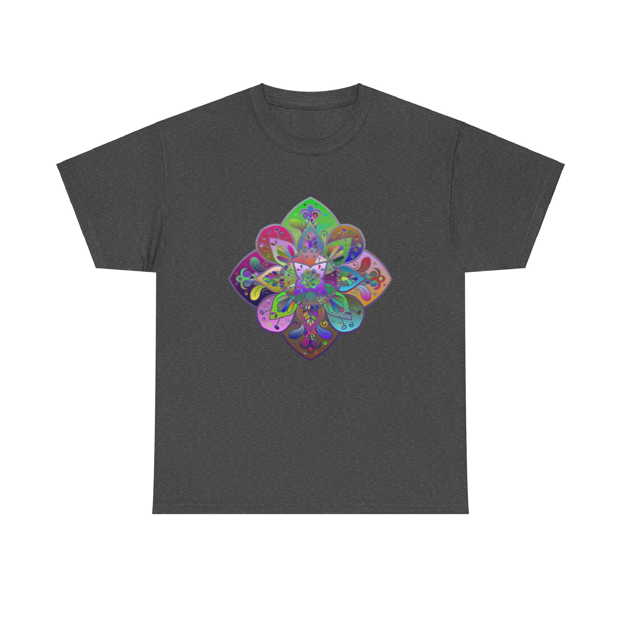 Colorful mandala design on a black unisex heavy cotton t-shirt for yoga and mindfulness practice