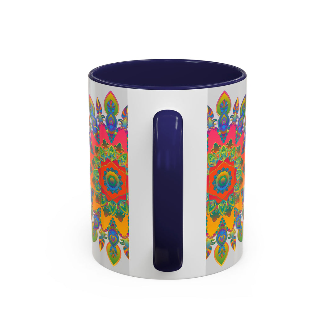 A beautifully designed colorful mandala mug with intricate art on a grey background