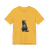 A stunning watercolor t-shirt featuring a mystical black cat design