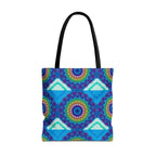Vibrant and intricate mandala design tote bag in various colors