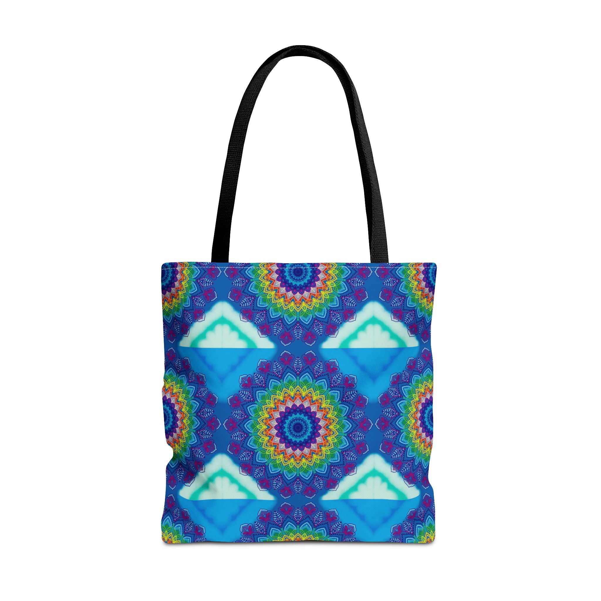 Vibrant and intricate mandala design tote bag in various colors