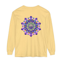 Colorful and intricate mandala design on a unisex long sleeve t-shirt