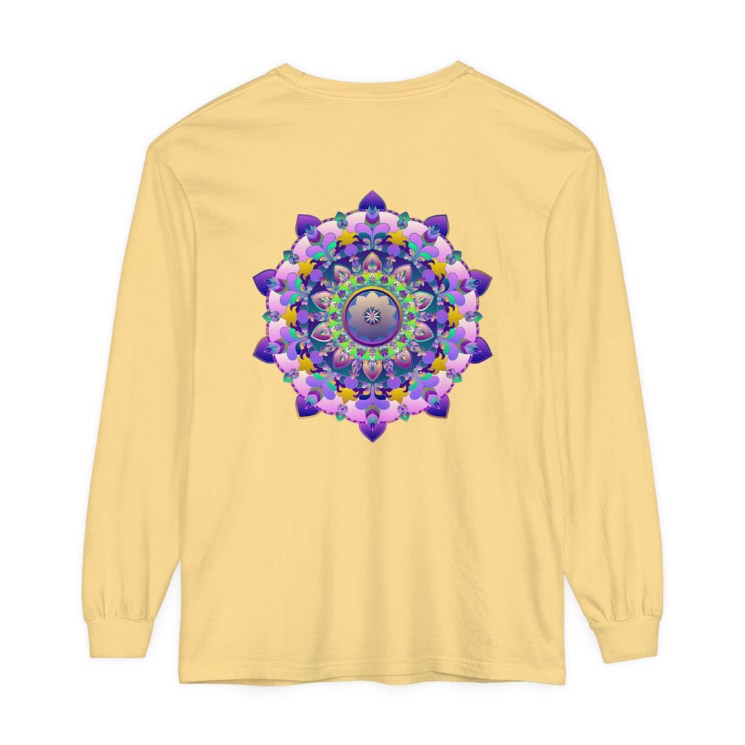 Colorful and intricate mandala design on a unisex long sleeve t-shirt