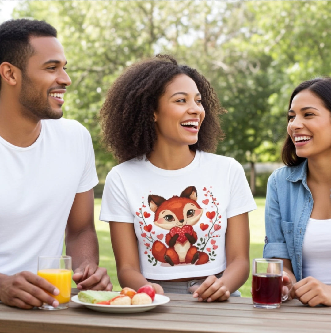 Cute Fox Heart Crop Top – White Cotton Graphic Tee